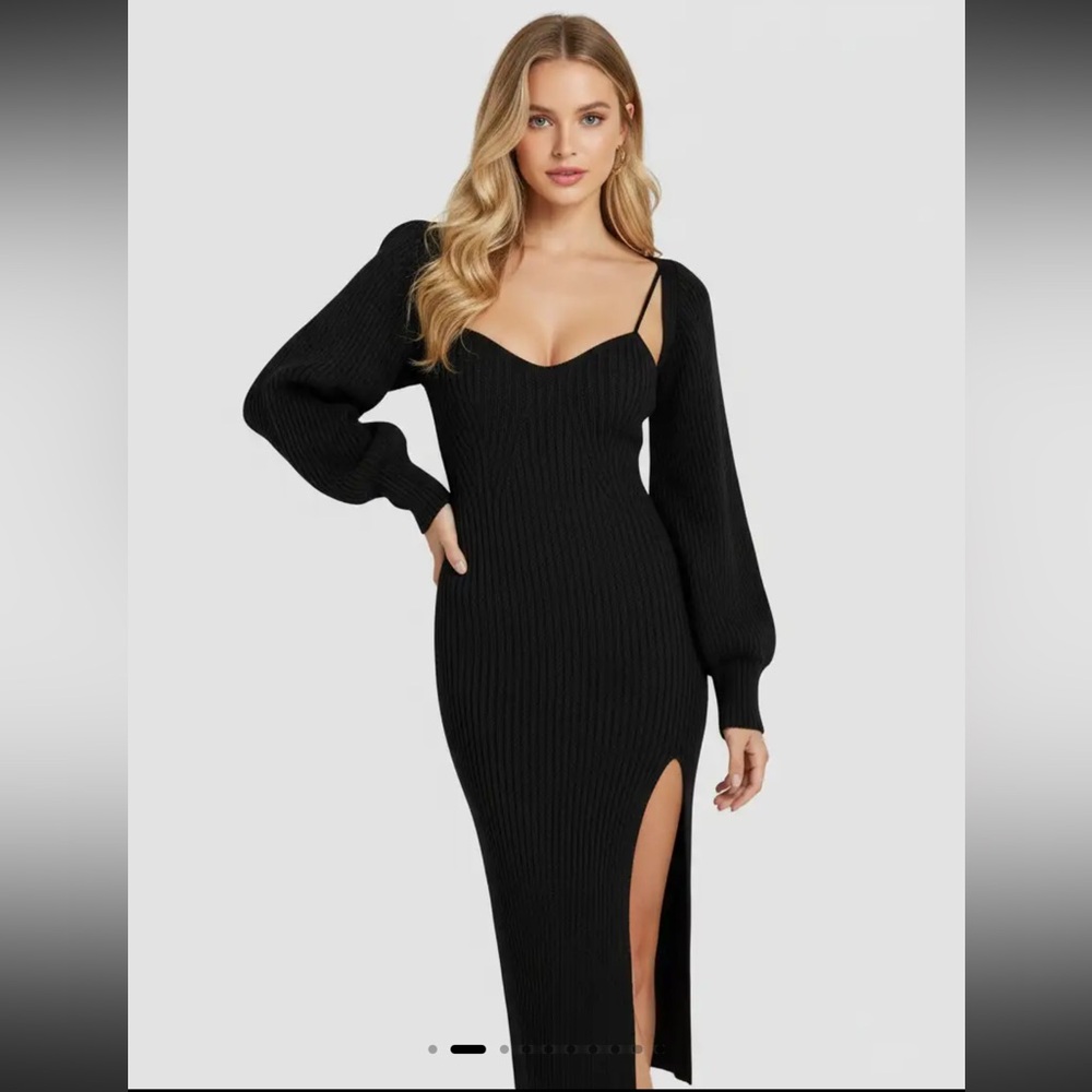 CIDER KNIT SOLID CAMI SPLIT MIDI DRESS‎ & SHRUG Sz Large
